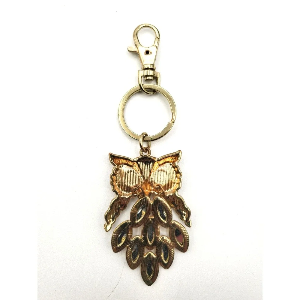 Gold Tone Owl Key Chain w Pink Rhinestone Feathers